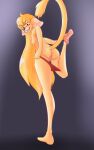  absurd_res anthro blonde_hair butt clothed clothing feet female footwear genitals hair hi_res humanoid_feet hybrid long_hair nipples nude panties panties_down partially_clothed plantigrade pussy simple_background socks solo squibbly underwear underwear_down yellow_body 