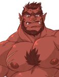  1boy bara beard black_hair chest_tuft colored_skin earrings facial_hair frown horns huge_eyebrows jewelry juggermelon large_pectorals male_focus mature_male monster_boy muscular muscular_male mustache nose_piercing nose_ring nude oni oni_horns orc original pectorals piercing pointy_ears red_skin sanpaku scar scar_on_chest short_hair solo thick_neck tusks undercut unnamed_oni_orc_(juggermelon) upper_body 