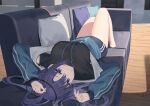  1girl absurdres angel_no_shousou arms_up black_shirt blue_archive blue_buruma blue_eyes blue_jacket breasts buruma closed_mouth couch halo highres jacket large_breasts long_hair looking_at_viewer lying off_shoulder on_back on_couch open_clothes open_jacket purple_hair shirt short_sleeves solo thighs track_jacket upside-down yuuka_(blue_archive) yuuka_(track)_(blue_archive) 