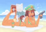  5_fingers 5_toes anthro beach beach_towel bent_legs big_breasts big_butt bikini blue_eyes blush bottle breasts brown_hair brown_pawpads butt canid canine canis claws cleavage clothed clothing container digital_media_(artwork) dobermann domestic_cat domestic_dog duo feet felid feline felis female fingers frown fur green_bikini green_clothing green_hat green_headwear green_swimwear gun hair hand_on_butt handgun hat headgear headwear hi_res holding_gun holding_handgun holding_object holding_pistol holding_revolver holding_weapon larger_female looking_back lying male mammal nanokindred open_mouth outside pawpads pinscher pistol ranged_weapon revolver sand seaside sharp_teeth size_difference sky smaller_male speech_bubble sunscreen swimwear tail tan_body tan_fur teeth text toe_claws toes topwear towel water weapon white_body white_fur 