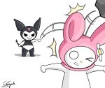  absurd_res animal_humanoid anthro cdrspark demon duo female female/female hi_res humanoid kuromi lagomorph lagomorph_humanoid leporid leporid_humanoid mammal mammal_humanoid my_melody onegai_my_melody rabbit rock sanrio throwing_object thrust_lines 