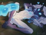  1boy 1girl black_mask body_fur breasts butterchalk cum cum_on_body cum_on_breasts furry furry_female furry_male heart highres kindred_(league_of_legends) league_of_legends long_hair lying medium_breasts navel nipples on_back penis uncensored white_fur white_hair 