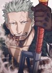  1boy cigar frown goatee_stubble highres holding holding_weapon long_sideburns looking_at_viewer male_focus mature_male one_piece short_hair sideburns smoker_(one_piece) smoking solo sparse_stubble tonta_(tonta1231) weapon 