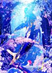  1other air_bubble blue_theme bubble cherry_blossoms commentary_request fence fish highres jellyfish makoron117117 original scenery silhouette solo stairs surreal tree underwater whale 