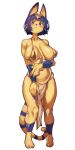  1girl absurdres animal_crossing animal_ears animal_nose ankha_(animal_crossing) bikini blue_eyes bob_cut breasts closed_mouth colored_skin commentary_request full_body furry furry_female highres iparupua large_breasts looking_at_viewer navel purple_hair simple_background snout solo standing swimsuit tail white_background yellow_skin 