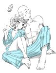  1boy 1girl abs arm_support bald bare_legs bare_shoulders barefoot breasts chip-tooth collarbone commentary controller couple curly_hair english_commentary eyelashes feet full_body hand_up head_tilt heads_together hetero highres hug index_finger_raised knee_up light_blush looking_up medium_hair monochrome muscular muscular_male nipples one-punch_man pants parted_lips remote_control saitama_(one-punch_man) shirt short_eyebrows signature simple_background sitting small_breasts striped striped_pants striped_shirt tatsumaki telekinesis thighs toes upturned_eyes v-shaped_eyebrows white_background 