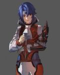  1boy alcryst_(fire_emblem) armor ascot blue_hair fire_emblem fire_emblem_engage furrowed_brow hair_between_eyes hair_ornament hairclip hand_on_own_stomach high_collar highres kokutan_kitsunen long_sleeves red_eyes red_vest shirt short_hair simple_background solo vest white_ascot white_shirt 