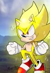  ambiguous_gender anthro biped black_nose blonde_hair clothing eulipotyphlan fur green_clothing hair hedgehog hi_res mammal meggiebun red_clothing red_eyes sega signature solo sonic_the_hedgehog_(series) super_sonic tail tan_body tan_ears white_clothing yellow_body yellow_clothing yellow_ears yellow_fur yellow_tail 