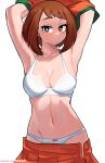  1girl absurdres armpits arms_up blush boku_no_hero_academia bow bow_panties bra breasts brown_eyes brown_hair cleavage clothes_pull collarbone commentary dashi highres large_breasts looking_at_viewer medium_hair navel orange_skirt paid_reward_available panties parted_lips patreon_username pink_bow pleated_skirt simple_background skirt skirt_pull solo swept_bangs u.a._cheerleader_uniform underwear undressing uraraka_ochako watermark web_address white_background white_bra white_panties 