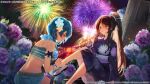  2girls aerial_fireworks aizawa_kazuha aqua_eyes arm_at_side arm_garter assault_lily bare_shoulders belt black_bow blue_camisole blue_eyes blue_flower blue_hair blue_shorts blurry blurry_foreground bow breasts brown_belt brown_hair camisole commentary_request crop_top denim denim_shorts dressing_another fireworks floral_print flower flower_necklace hair_between_eyes hair_flower hair_ornament hair_stick half-closed_eyes hand_on_another&#039;s_leg hand_up hands_up hibiscus high_ponytail hydrangea japanese_clothes jewelry kimono lei light_particles long_hair long_sleeves looking_at_another looking_down medium_breasts medium_hair multiple_girls night obi official_alternate_costume official_art outdoors parted_lips ponytail purple_flower purple_kimono putting_on_shoes ring rope_belt sash serizawa_chikaru short_hair shorts sidelocks sitting smile striped_camisole summer_festival thigh_strap very_long_hair watermark weisuoxin wide_sleeves yellow_flower yukata zouri 