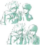  2boys backpack bag blunt_bangs boku_no_hero_academia bowl_cut closed_mouth commentary crossover english_commentary floating freckles gakuran green_theme habkart hand_on_own_chin hands_up highres holding_strap hood hood_down hoodie kageyama_shigeo levitation long_sleeves looking_at_another male_focus midoriya_izuku mob_psycho_100 monochrome multiple_boys open_mouth psychic scar scar_on_hand school_uniform short_hair simple_background smile telekinesis upper_body white_background 
