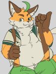  anthro belly bottomwear canid canine clothed clothing fox fupa fur green_eyes iyo_(tamacolle) male mammal mousetrap_(artist) navel open_clothing open_shirt open_topwear orange_body orange_fur overweight shirt shorts solo suspenders tamacolle topwear 