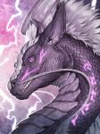  2023 ambiguous_gender dated detailed dragon electricity feral glistening glistening_eyes grey_body grey_horn grey_scales hi_res horn khyaber lightning looking_at_viewer markings pink_eyes pink_markings pupils purple_body purple_scales scales scalie side_view signature slit_pupils solo teeth 