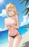  1girl absurdres beach bikini blonde_hair blue_sky blush breasts choker cloud covering covering_breasts day diptip green_eyes highres hololive kazama_iroha looking_at_viewer medium_breasts navel ocean open_mouth outdoors ponytail sky solo stomach swimsuit topless virtual_youtuber 