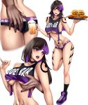  1girl absurdres alcohol ass ass_grab beer black_choker black_hair black_tank_top blush breasts burger choker commission commissioner_upload fangs food groping hand_under_clothes hand_under_shirt highres leg_tattoo medium_breasts multicolored_hair non-web_source original panties purple_eyes purple_hair shirt shoes shoko_the_alien shoulder_tattoo sneakers socks stomach_tattoo tank_top tattoo thighs underwear waitress whitewaffle 