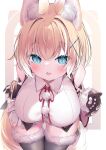  1girl absurdres animal_ear_fluff animal_ears black_gloves black_thighhighs blonde_hair blue_eyes bow breasts cowboy_shot detached_sleeves dress_shirt fang fox_ears fox_girl fox_tail fur-trimmed_legwear fur_trim gloves hair_between_eyes hair_ornament highres konagi_(konotuki) large_breasts leaning_forward looking_at_viewer medium_hair microskirt open_hand original paw_print_palms pleated_skirt pom_pom_(clothes) red_bow shirt skin_fang skirt sleeveless sleeveless_shirt solo tail thighhighs tongue tongue_out white_shirt white_skirt x_hair_ornament 