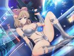  1girl arm_guards armband belt belt_buckle blonde_hair blush boots bow breasts buckle choker cleavage cosplay crossover curly_hair earth_(planet) energy_gun falling_petals green_eyes grey_belt groin gun hair_bow half-closed_eyes haruka_(senran_kagura) high_heels holding holding_gun holding_weapon hologram holographic_interface holographic_monitor in_orbit jane_royal jane_royal_(cosplay) keyboard_(computer) knee_boots large_breasts looking_at_viewer machine navel official_alternate_costume official_art on_floor petals pink_bow planet red_nails revealing_clothes science_fiction senran_kagura senran_kagura_new_link senran_kagura_shoujo-tachi_no_shin&#039;ei shiny_skin short_hair silver_choker silver_footwear sitting sky smile solo space space_adventure_cobra spacecraft spacecraft_interior spread_legs star_(sky) starry_sky swimsuit switch vehicle_interior weapon window yaegashi_nan 