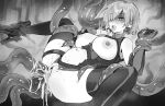 1girl after_anal after_rape after_sex after_vaginal anal ankle_boots anus aochoku bare_shoulders boots breasts breasts_out closed_eyes clothing_cutout collar commentary cum cum_in_ass cum_in_mouth cum_in_pussy cumdrip double_penetration elbow_gloves fate/grand_order fate_(series) full_stomach gloves greyscale hair_over_one_eye high_heel_boots high_heels highleg highleg_leotard highres inflation interspecies large_breasts leotard mash_kyrielight metal_collar monochrome navel navel_cutout nipples open_mouth penis_tentacle pussy pussy_juice restrained shaded_face short_hair spread_legs sweat symbol-only_commentary tentacle_sex tentacles thigh_strap thighhighs thighs tongue tongue_out torn_clothes torn_leotard vaginal 