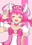  1girl :d ^_^ arm_at_side bow braid choker closed_eyes collarbone cure_happy doraeshi hand_up hoshizora_miyuki long_hair magical_girl open_mouth pink_bow pink_choker pink_hair precure smile smile_precure! solo tiara twin_braids 