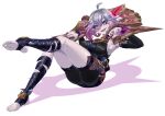  1girl absurdres ahoge ass belt black_belt blush breasts briar_(league_of_legends) colored_sclera detached_sleeves english_commentary feet full_body gradient_hair grey_eyes grey_hair hair_between_eyes highres knees_up large_breasts league_of_legends leg_up legs looking_at_viewer multicolored_hair no_shoes open_mouth pink_hair pointy_ears red_sclera shadow sharp_teeth sidelocks simple_background sitting smile soles solo stirrup_legwear teeth thighs toeless_legwear toenails toes torahime_(roland00) two-tone_hair vampire white_background wrist_cuffs 