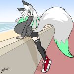  animal_humanoid beach big_breasts black_sclera bottomwear breasts butt canid canid_humanoid canine canine_humanoid clothing female footwear fox_humanoid fuyumi_(zedrin) green_eyes green_hair grey_hair hair hi_res huge_breasts humanoid hyper hyper_breasts looking_back mammal mammal_humanoid multicolored_hair one_eye_obstructed open_mouth sand seaside shadow shirt shoes shorts signature smile solo tail text topwear water zedrin 