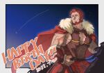  absurdres ancient_greek_clothes bara beard cape facial_hair fate/grand_order fate_(series) feet_out_of_frame happy_birthday highres horseback_riding iskandar_(fate) large_pectorals looking_to_the_side male_focus mature_male muscular muscular_male pectoral_cleavage pectorals red_eyes red_hair riding scar shababuru shooting_star short_hair sidepec sky smile star_(sky) starry_sky thick_eyebrows 