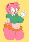  accessory amy_rose anthro big_breasts bodily_fluids bottomwear breasts chubby_female clothing crop_top eulipotyphlan female fur gesture gloves green_eyes hair_accessory hairband handwear hedgehog hi_res mammal navel nervous_smile nipples_visible_through_clothing panties pink_body pink_fur saiyaman22 sega shirt skirt solo sonic_the_hedgehog_(series) sweat sweatdrop thick_thighs tight_fit topwear underwear waving 