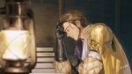  1boy armor artist_name black_gloves blurry blurry_foreground book book_stack brown_hair claude_von_riegan closed_eyes desk earrings facial_hair fire_emblem fire_emblem:_three_houses gloves jewelry lamp loose_hair_strand male_focus on_desk sawaponu3 short_hair shoulder_armor solo 