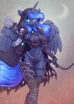  2023 absurd_res anthro armor arrow_(weapon) artist_name breasts cleavage clothed clothing dandy_(artist) digital_media_(artwork) equid equine eyebrows eyelashes female fingers friendship_is_magic hasbro hi_res holding_object horn legwear looking_at_viewer mammal my_little_pony navel princess_luna_(mlp) ranged_weapon signature skimpy solo unconvincing_armor weapon winged_unicorn wings 