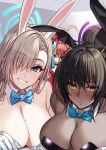  3girls absurdres animal_ears asuna_(blue_archive) asuna_(bunny)_(blue_archive) bare_shoulders black_hair black_leotard blue_archive blue_bow blue_bowtie blue_eyes bow bowtie breast_envy breasts cleavage closed_mouth commentary_request dark-skinned_female dark_skin detached_collar fake_animal_ears gloves hair_over_one_eye halo highres karin_(blue_archive) karin_(bunny)_(blue_archive) large_breasts leotard looking_at_viewer mole mole_on_breast multiple_girls neru_(blue_archive) neru_(bunny)_(blue_archive) official_alternate_costume playboy_bunny rabbit_ears red_eyes red_hair red_leotard rumeha_(aormsj22) smile white_gloves yellow_eyes 