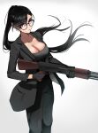  1girl absurdres black-framed_eyewear black_gloves black_hair black_jacket black_pants black_shirt breasts cizzi cleavage closed_mouth commentary_request floating_hair glasses gloves gradient_background grey_background gun highres holding holding_gun holding_weapon jacket long_hair long_sleeves looking_at_viewer medium_breasts minakata_hizuru mole mole_under_mouth open_clothes open_jacket pants ponytail purple_eyes shirt solo summertime_render very_long_hair weapon weapon_request white_background 