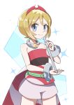  1girl blonde_hair blue_eyes bracelet closed_mouth collar commentary_request cowboy_shot eyelashes flute hairband holding holding_instrument instrument irida_(pokemon) jewelry looking_at_viewer pokemon pokemon_(game) pokemon_legends:_arceus ponsuke_(nemui_tebasaki) red_hairband sash shirt short_hair shorts smile solo strapless strapless_shirt waist_cape 