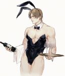  1boy animal_ears black_leotard blush bottle brown_hair detached_collar fake_animal_ears highres holding holding_bottle holding_tray large_pectorals leon_s._kennedy leotard male_focus male_playboy_bunny muscular muscular_male pectorals rabbit_ears resident_evil resident_evil_4 resident_evil_4_(remake) rokuhashi_8 short_hair simple_background solo strapless strapless_leotard thighs tray white_background 