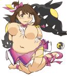  2018 2_toes bare_breasts big_breasts big_teeth blue_eyes blush bow_ribbon breasts brown_hair clothed clothing colored confusion digital_drawing_(artwork) digital_media_(artwork) extra_mouth feet female hair hands_behind_back heart_accessory hi_res legwear may_(pokemon) mega_evolution mega_mawile mid_transformation mouth_closed nintendo object_between_breasts one_shoe_on pokeball pokemon pokemon_(species) shakuto simple_background solo squiggle_mouth stockings toes topless torn_clothing transformation ultra_ball weight_gain white_background white_body white_skin 