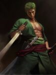  1boy abs asian bara bare_pectorals dual_wielding earrings feet_out_of_frame gonzojelly green_hair green_kimono head_tilt highres holding holding_sword holding_weapon japanese_clothes jewelry kimono large_pectorals looking_at_viewer muscular muscular_male nipples one_piece one_piece_(live_action) pectorals realistic roronoa_zoro scar scar_across_eye sheath sheathed short_hair standing stomach sword thick_eyebrows weapon 
