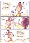  anthro bottomwear brown_body canid canine clothed clothing comic deer duo eating female fox hi_res male mammal red_body renita_reed shirt shorts spanish_text tail text topwear 
