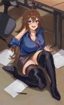  1girl ahoge blue_eyes blush body_freckles breasts brown_hair chair cleavage fallen_down freckles full_body high_heels highres id_card kamu_(kamuuei) large_breasts long_hair looking_at_viewer office office_chair office_lady open_mouth original paper pen school_uniform skirt solo swivel_chair thick_thighs thighhighs thighs 