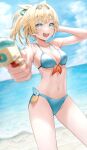  1girl absurdres aqua_eyes bare_shoulders beach bikini blonde_hair blue_bikini breasts cleavage highres hololive kazama_iroha landl navel ocean ponytail side-tie_bikini_bottom string_bikini swimsuit virtual_youtuber water_gun 