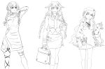 3girls arm_up bad_link braid briefcase character_request choujigen_game_neptune coat cup disposable_cup greyscale hand_in_own_hair hat headphones highres holding holding_briefcase kneehighs lineart long_hair long_sleeves louise_francoise_le_blanc_de_la_valliere monochrome multiple_girls navel necktie neptune_(series) o-ring purple_heart_(neptunia) purplishmarble smile socks standing thigh_strap twin_braids twintails very_long_hair zero_no_tsukaima 