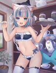  1girl :d absurdres animal_ear_fluff animal_ears bikini black_bikini bloop_(gawr_gura) blue_eyes blue_hair blue_nails blush bow bow_bikini breasts cat_ears claw_pose collarbone commentary_request cowboy_shot fingernails fins fish_tail frilled_bikini frills gawr_gura hair_ornament highres holding holding_tray hololive hololive_english indoors long_hair looking_at_viewer maid maid_bikini multicolored_hair nail_polish navel nekopurin_(nyanko_prin) open_mouth shark_girl shark_hair_ornament shark_tail sharp_teeth small_breasts smile solo strapless strapless_bikini streaked_hair swimsuit tail teeth thighhighs tray two_side_up unconventional_maid upper_teeth_only virtual_youtuber white_thighhighs 