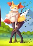  2023 anthro anthrofied big_breasts bodily_fluids braixen breasts canid digital_media_(artwork) female generation_6_pokemon hi_res mammal nintendo nipples pokemon pokemon_(species) solo whitmaverick 