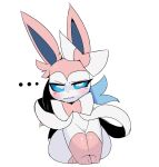  2019 3_toes ambiguous_gender blue_inner_ear blue_sclera blush bow_(feature) canid colored digital_media_(artwork) ear_bow eeveelution ellipsis eyelashes feet feral flustered front_view full-length_portrait fur generation_6_pokemon hi_res leg_markings looking_at_viewer mammal markings monotone_ears multicolored_body multicolored_fur nintendo pink_body pink_ears pink_fur pokemon pokemon_(species) portrait quadruped ribbons sitting socks_(marking) solo sylveon toes two_tone_body two_tone_fur uromatsu white_body white_eyes white_fur white_ribbon 