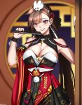  1girl :d absurdres animal bare_shoulders blurry blurry_background breasts brown_eyes brown_hair china_dress chinese_clothes cleavage dress grin hand_fan highres holding holding_fan honkai_(series) honkai_impact_3rd indoors large_breasts li_sushang li_sushang_(jade_knight) lion_space lips long_hair looking_at_viewer night night_sky rabbit red_dress sky smile teeth very_long_hair 