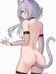  1girl absurdres animal_ears ass blue_eyes breasts coubalty fishnet_armwear fishnet_thighhighs fishnets grey_hair highres hololive hololive_indonesia long_hair looking_at_viewer looking_back nude sideboob solo tail thighhighs thighs vestia_zeta virtual_youtuber 