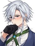  1boy arm_up black_gloves blue_eyes blue_jacket blue_vest blush braid commentary_request enoki_3106 genderswap genderswap_(ftm) gloves green_ribbon half_gloves hand_to_own_mouth izayoi_sakuya jacket long_sleeves looking_at_viewer male_focus monocle neck_ribbon ribbon shirt signature simple_background single_braid solo sweatdrop touhou upper_body vest white_background white_shirt 