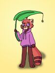  2021 ailurid anthro artyom_(artyomthefemboi) artyomthefemboi baggy_clothing baggy_hoodie baggy_topwear brown_body brown_fur brown_inner_ear cel_shading cheek_tuft clothing digital_drawing_(artwork) digital_media_(artwork) facial_tuft full-length_portrait fur glistening glistening_eyes handpaw head_tuft hi_res hindpaw holding_leaf holding_object hoodie leaf leaf_umbrella male mammal paws pink_clothing pink_eyes pink_hoodie pink_topwear plantigrade portrait red_panda shaded simple_background solo standing tail tan_body tan_fur topwear tuft yellow_background 