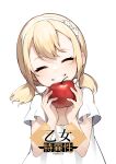  1girl ^_^ apple blonde_hair blvefo9 check_translation closed_eyes commentary_request cover cover_page dress facing_viewer flower food fruit grin hairband hands_up head_tilt holding holding_food holding_fruit low_twintails original red_apple short_sleeves short_twintails simple_background smile solo translation_request twintails white_background white_dress white_flower white_hairband 