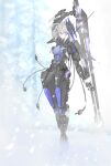  1girl breasts covered_nipples cross_hair_ornament cyborg grey_hair hair_ornament hairclip headgear highres holding holding_weapon huge_weapon mechanical_arms mechanical_legs medium_breasts medium_hair nnu_(vhym4275) punishing:_gray_raven rosetta_(punishing:_gray_raven) sidelocks snow solo storm weapon yellow_eyes 