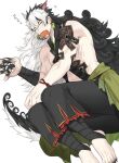  1boy ashiya_douman_(fate) ashiya_douman_(second_ascension)_(fate) asymmetrical_hair barefoot bisexual_male black_hair blush curly_hair earrings fate/grand_order fate_(series) fingernails from_above fujimaru_ritsuka_(female) fujimaru_ritsuka_(male) full_body hair_between_eyes happy highres jewelry long_hair lying magatama magatama_earrings male_focus merchandise mouth_hold multicolored_hair muscular muscular_male on_side pants parody_request pectorals seum_(kao_husband) sharp_fingernails sleeping solo split-color_hair two-tone_hair very_long_hair white_hair zzz 