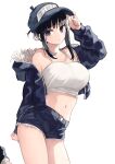  1girl :o absurdres baseball_cap black_hair black_shorts breasts camisole collarbone crop_top cutoffs fur-trimmed_jacket fur_trim hat highres jacket large_breasts looking_at_viewer original rucchiifu short_shorts shorts sidelocks simple_background single_bare_shoulder solo standing standing_on_one_leg white_background white_camisole 